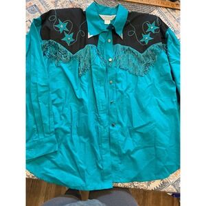 Vintage Lilia Smitty Western Shirt Teal Black Fringe Star Studded Large USA Made
